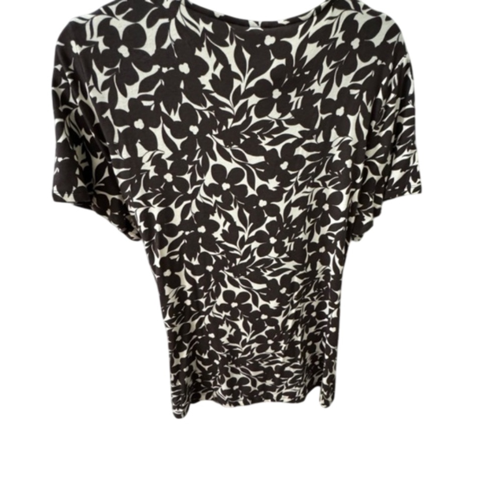 TALBOTS NWT Woman Size L Brown &White Floral Knit Faux Wrap Short Sleeve Top - Picture 2 of 4